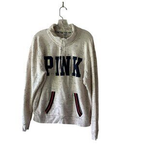 PINK Victorias Secret  Sz L Speckled Pullover Sweatshirt Navy Letters Red Accent